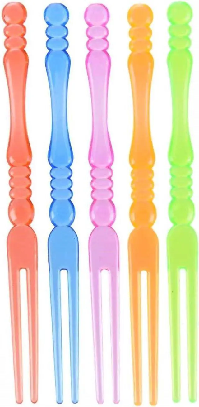 Alt view image 3 of 6 - Comicfs 300pcs Disposable Plastic Fruit Forks, 4" Bistro Cocktail Forks Tasting Appetizer Fork Set Toothpick Portable Salad Mini Cake Fork (Multicolor)