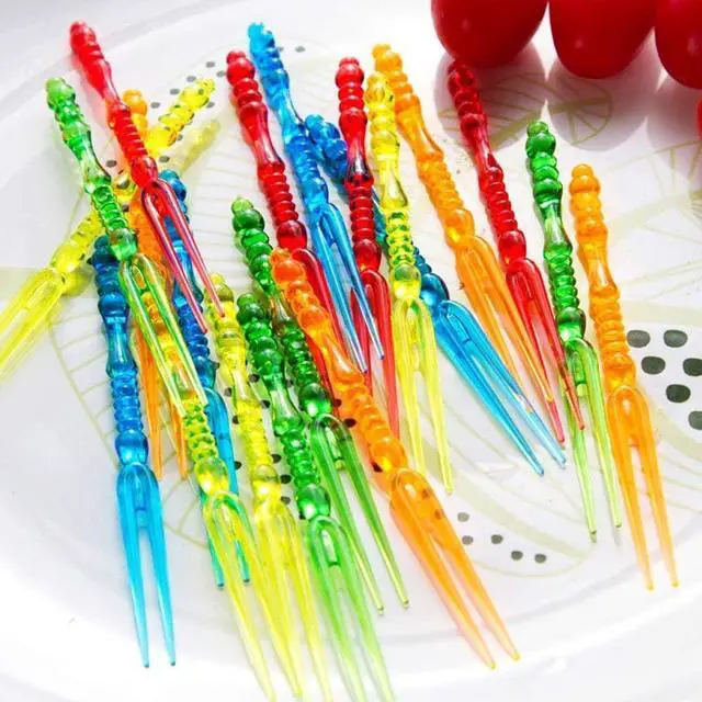 Alt view image 4 of 6 - Comicfs 300pcs Disposable Plastic Fruit Forks, 4" Bistro Cocktail Forks Tasting Appetizer Fork Set Toothpick Portable Salad Mini Cake Fork (Multicolor)