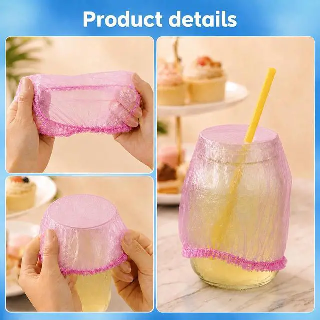 Alt view image 3 of 7 - 100 Pcs Disposable Drink Covers for Alcohol Protection Women Scrunchie, Disposable Cup Covers Wine Glass Cover fit Most Cup Sizes Drink Protector for Women Adult Bar Club Party (Pink, Large)