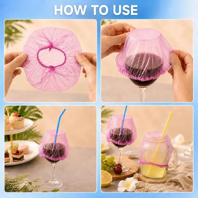 Alt view image 4 of 7 - 100 Pcs Disposable Drink Covers for Alcohol Protection Women Scrunchie, Disposable Cup Covers Wine Glass Cover fit Most Cup Sizes Drink Protector for Women Adult Bar Club Party (Pink, Large)