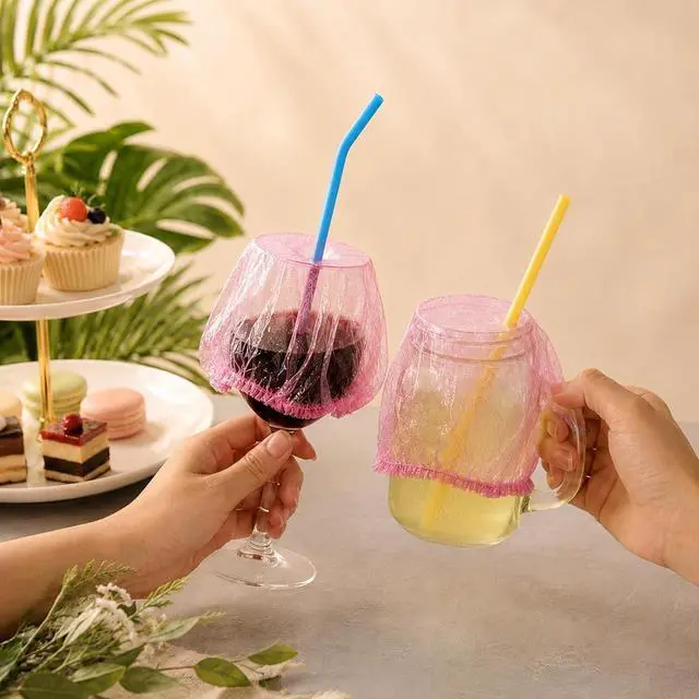 Alt view image 6 of 7 - 100 Pcs Disposable Drink Covers for Alcohol Protection Women Scrunchie, Disposable Cup Covers Wine Glass Cover fit Most Cup Sizes Drink Protector for Women Adult Bar Club Party (Pink, Large)