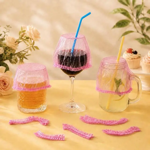 Alt view image 7 of 7 - 100 Pcs Disposable Drink Covers for Alcohol Protection Women Scrunchie, Disposable Cup Covers Wine Glass Cover fit Most Cup Sizes Drink Protector for Women Adult Bar Club Party (Pink, Large)