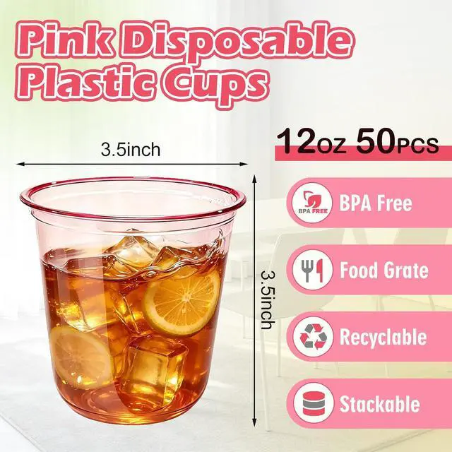 Alt view image 2 of 7 - Alaeseje 50 Pack Pink Plastic Cups,12 oz Disposable Stemless Wine Glasses | Cocktail Pink Party Cups Clear Drinking Cup for Valentines,Wedding,Birthday,Bridal Shower,Christmas