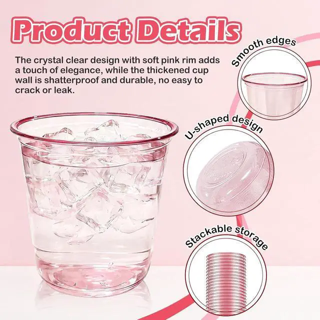 Alt view image 3 of 7 - Alaeseje 50 Pack Pink Plastic Cups,12 oz Disposable Stemless Wine Glasses | Cocktail Pink Party Cups Clear Drinking Cup for Valentines,Wedding,Birthday,Bridal Shower,Christmas