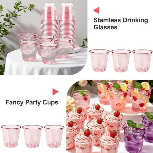 Alt view image 6 of 7 - Alaeseje 50 Pack Pink Plastic Cups,12 oz Disposable Stemless Wine Glasses | Cocktail Pink Party Cups Clear Drinking Cup for Valentines,Wedding,Birthday,Bridal Shower,Christmas