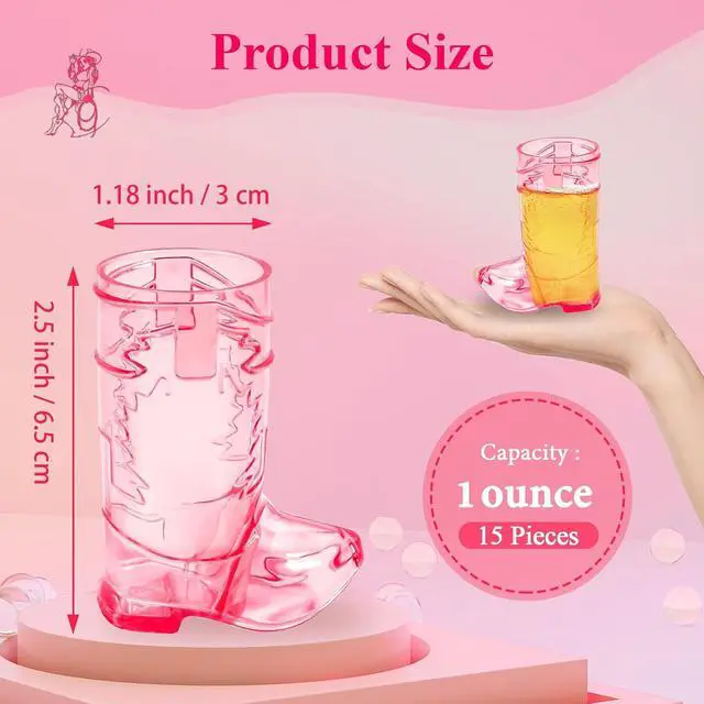 Alt view image 2 of 7 - SHAOQINLIN Cowboy Boot Shot Glasses, 15 PCS 1 oz Mini Plastic Boot Cups | Hot Pink Boots Mugs Western Cowboy Cowgirl Theme Party Supplies
