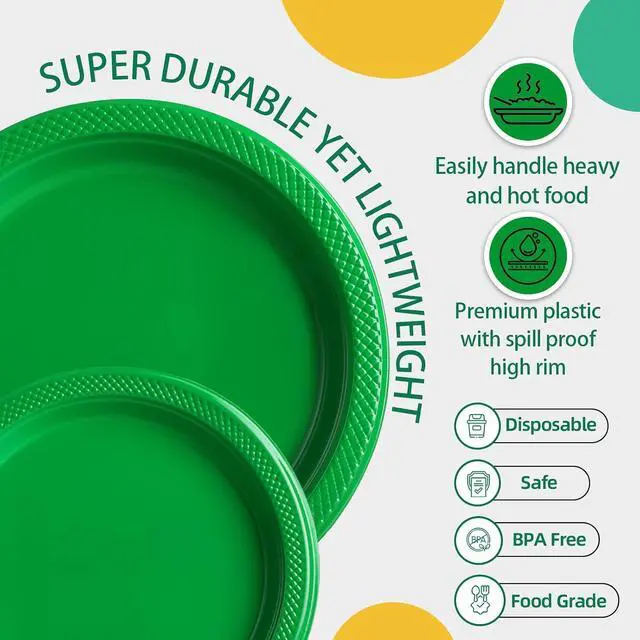 Alt view image 4 of 7 - 40 Pcs Green Plastic Plates, Green Plates for Party, Picnic | 20 Guests Green Disposable Plates for Christmas