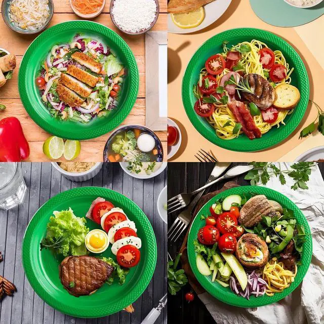 Alt view image 6 of 7 - 40 Pcs Green Plastic Plates, Green Plates for Party, Picnic | 20 Guests Green Disposable Plates for Christmas