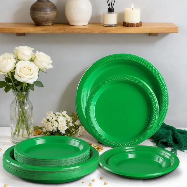 Alt view image 7 of 7 - 40 Pcs Green Plastic Plates, Green Plates for Party, Picnic | 20 Guests Green Disposable Plates for Christmas
