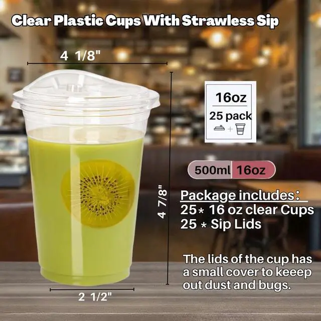 Alt view image 2 of 6 - 25 Sets- 16 oz Clear Plastic Cups with Strawless-Sip-Lids, Disposable Cup Plastic Iced Coffee Cups for Cold Drinks, Smoothies and Juices