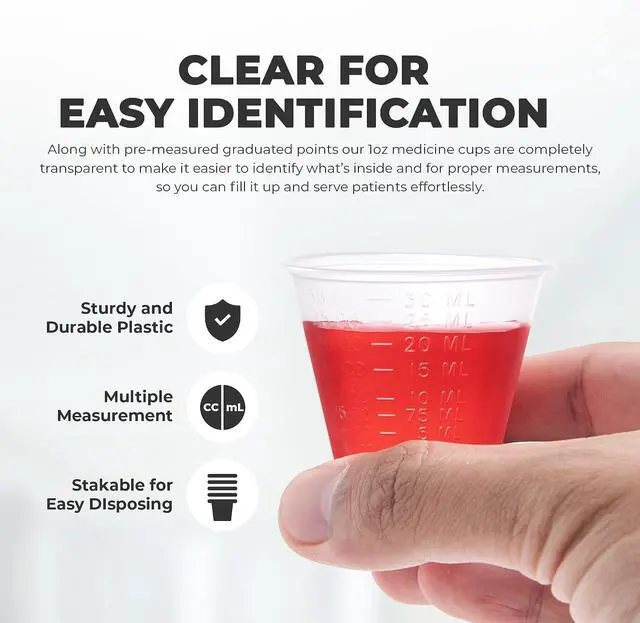 Alt view image 5 of 7 - Epic Medical Supply Graduated 1 oz. Plastic Medicine Cups, Detailed Liquid Measurements for Medications, Clear Containers, Disposable or Reusable, Supports Adults and Children (1 oz, 100, Count)