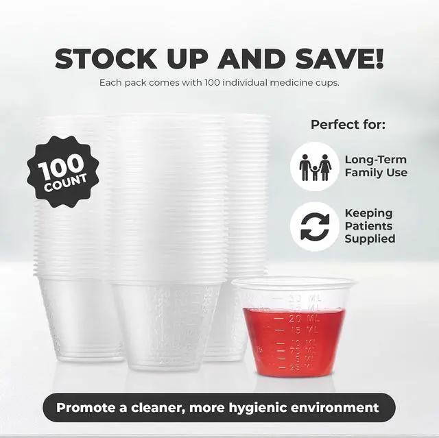Alt view image 7 of 7 - Epic Medical Supply Graduated 1 oz. Plastic Medicine Cups, Detailed Liquid Measurements for Medications, Clear Containers, Disposable or Reusable, Supports Adults and Children (1 oz, 100, Count)