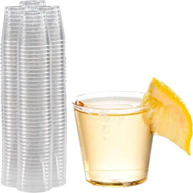 Main image of Prestee Disposable Shot Glasses 1 oz - 100 Pack Clear Plastic Shot Glasses for Party, Mini Jello Shot Cups, Small Plastic Cups for Tastings, Condiments, Snacks, and Cocktail Sampling