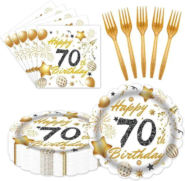 Main image of 60 Pcs 70th Paper Plates and Napkins Forks White gold Birthday Decorations | Party Tableware for Men Women Birthday Party Decorations,Serve 20
