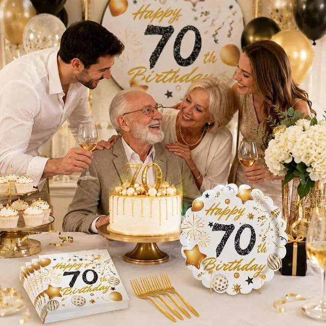 Alt view image 2 of 7 - 60 Pcs 70th Paper Plates and Napkins Forks White gold Birthday Decorations | Party Tableware for Men Women Birthday Party Decorations,Serve 20