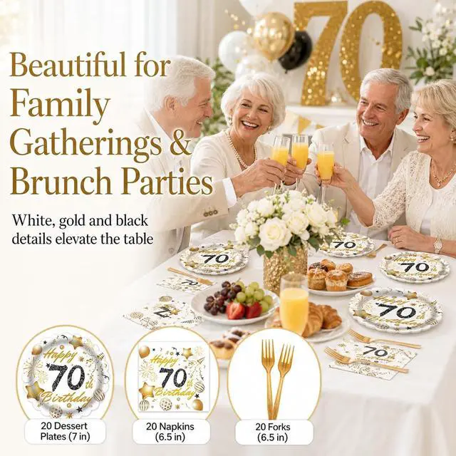 Alt view image 3 of 7 - 60 Pcs 70th Paper Plates and Napkins Forks White gold Birthday Decorations | Party Tableware for Men Women Birthday Party Decorations,Serve 20