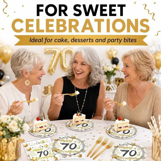 Alt view image 4 of 7 - 60 Pcs 70th Paper Plates and Napkins Forks White gold Birthday Decorations | Party Tableware for Men Women Birthday Party Decorations,Serve 20