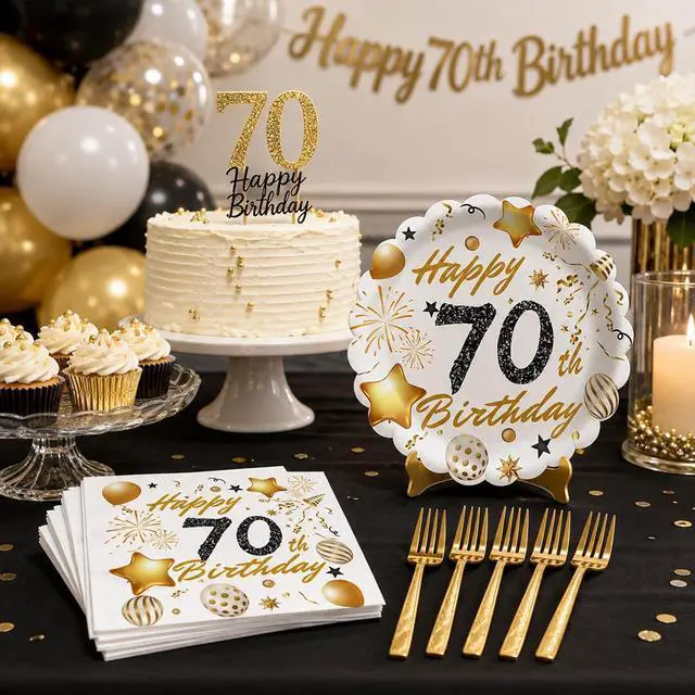 Alt view image 5 of 7 - 60 Pcs 70th Paper Plates and Napkins Forks White gold Birthday Decorations | Party Tableware for Men Women Birthday Party Decorations,Serve 20