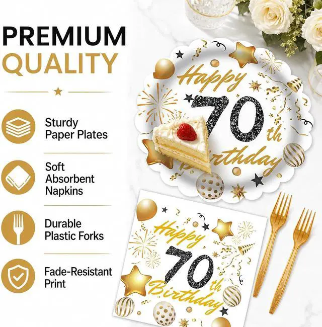 Alt view image 6 of 7 - 60 Pcs 70th Paper Plates and Napkins Forks White gold Birthday Decorations | Party Tableware for Men Women Birthday Party Decorations,Serve 20