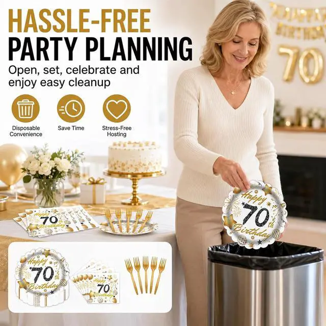 Alt view image 7 of 7 - 60 Pcs 70th Paper Plates and Napkins Forks White gold Birthday Decorations | Party Tableware for Men Women Birthday Party Decorations,Serve 20