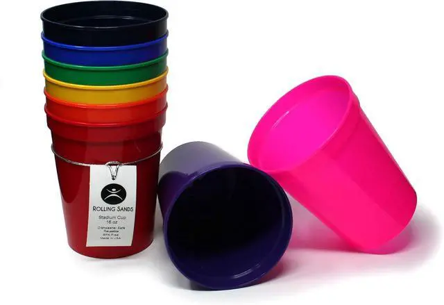 Main image of Rolling Sands 16 oz. Reusable Plastic Stadium Cups, 8 Pack, Made in USA, BPA-Free Dishwasher Safe Tumblers, Rainbow
