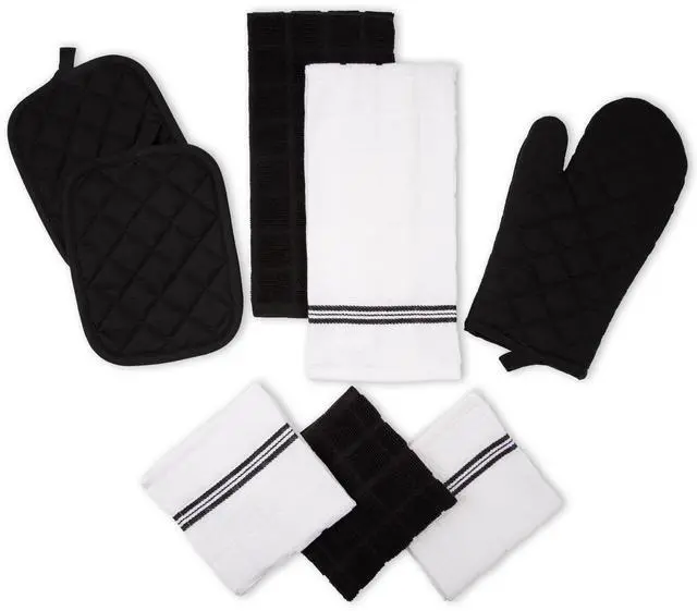 Main image of Mainstays 8-Piece Cotton Kitchen Towel, Dishcloth, Oven Mitt, and Pot Holder Set, Black