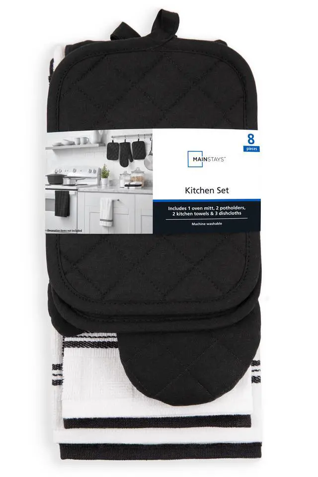 Alt view image 2 of 5 - Mainstays 8-Piece Cotton Kitchen Towel, Dishcloth, Oven Mitt, and Pot Holder Set, Black