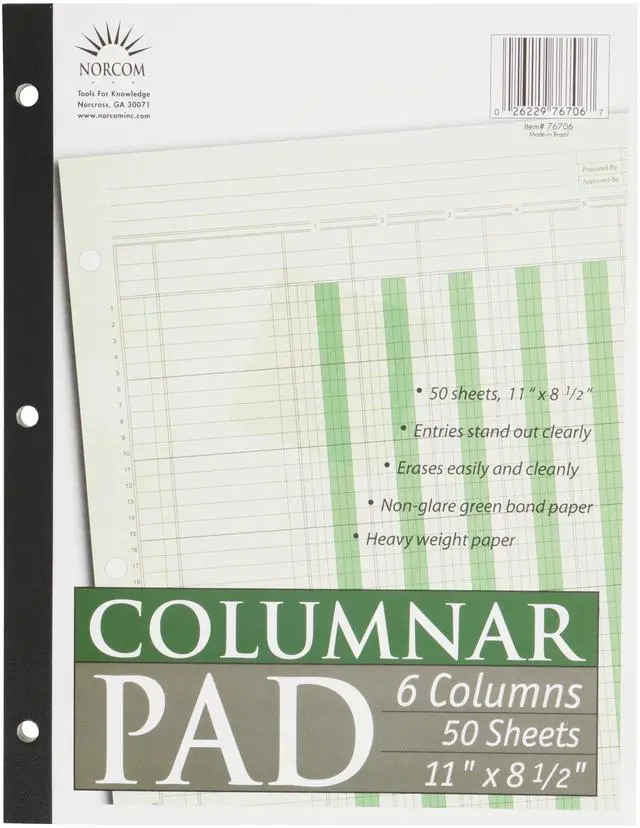 Main image of Norcom, Columnar Ledger Pad, 6 Columns, 8.5" x 11", Letter Size, 50 Sheets