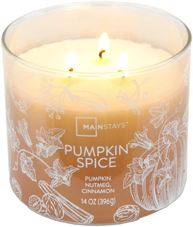 Main image of Mainstays Pumpkin Spice Scented Jar Candle, 3-Wick Ombre Wrapped, 14 oz