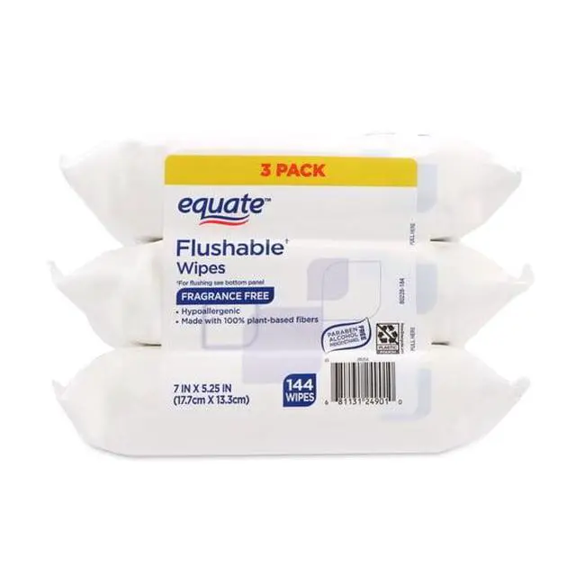 Alt view image 4 of 4 - Equate FragranceFree Flushable Cleansing Wipes 144Count, Alcohol & ParabenFree Hypoallergenic Wipes, Complies with INDA Flushable Guidelines, 7"×5.25"