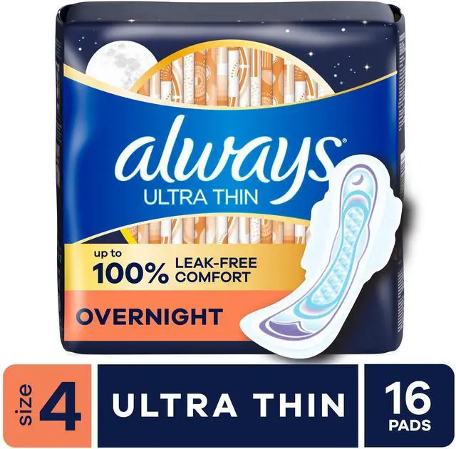 Main image of Always UltraThin Size4 Overnight Pads 16Count Unscented, 45% Extra Back Coverage, RapidDRY & LeakGUARD for Upto11Hour LeakFree Overnight Protection