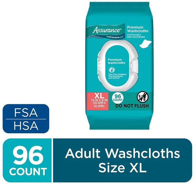 Main image of Assurance Premium ExtraLarge PreMoistened Adult Washcloths 96Count, 12"×8" FullBody Cleansing Wipes, ParabenAlcoholFree ClinicallyGentle Disposable Wipes, Do Not Flush