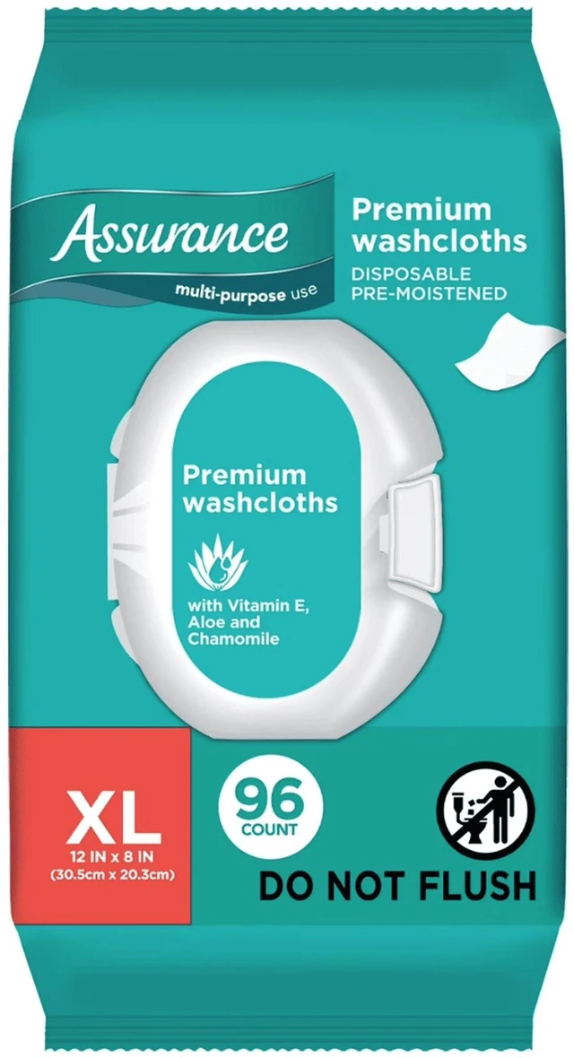 Alt view image 5 of 5 - Assurance Premium ExtraLarge PreMoistened Adult Washcloths 96Count, 12"×8" FullBody Cleansing Wipes, ParabenAlcoholFree ClinicallyGentle Disposable Wipes, Do Not Flush