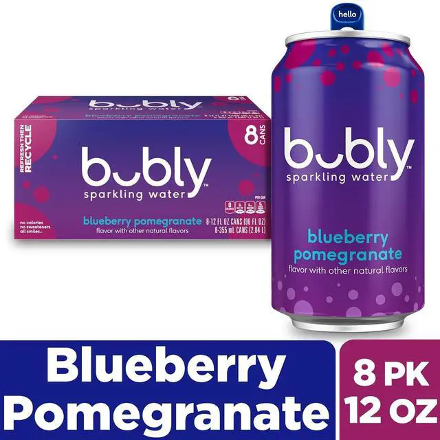 Main image of 8Pack Bubly Sparkling Water, Blueberry Pomegranate Seltzer 12 Fl Oz Each, 100% Recyclable Cans, ZeroCalorie Unsweetened Drink