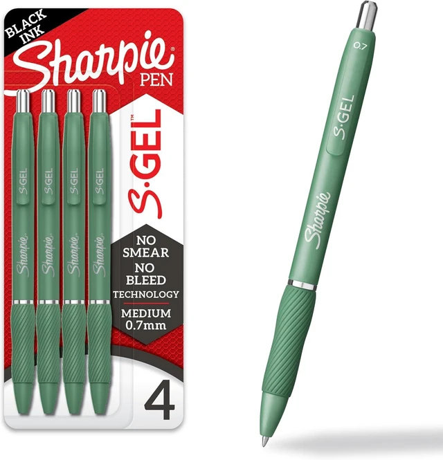 Main image of Sharpie Green Barrel Gel Pens 4Count, 0.7mm Medium Point Black Ink, SmearProof NoBleed Gel Pens With Rubber Grip