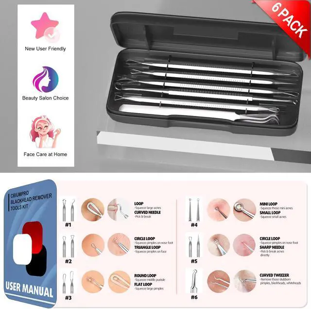 Alt view image 7 of 7 - Cbiumpro 6Pack Blackhead Remover Tools, Surgical Steel Comedone Extractor Kit for Acne Whitehead and Zit Removal with Storage Case