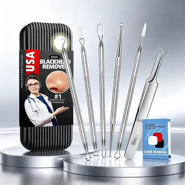 Main image of Cbiumpro 6Pack Blackhead Remover Tools, Surgical Steel Comedone Extractor Kit for Acne Whitehead and Zit Removal with Storage Case