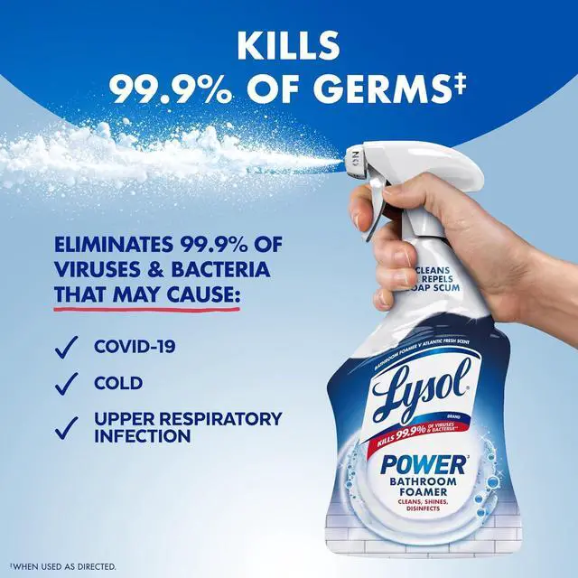 Alt view image 2 of 6 - Lysol Power Bathroom Foamer Cleaner, Atlantic Fresh Scent, NoBleach Foaming Spray Kills 99.9% Bacteria & Viruses for Shower Doors Tiles Sinks