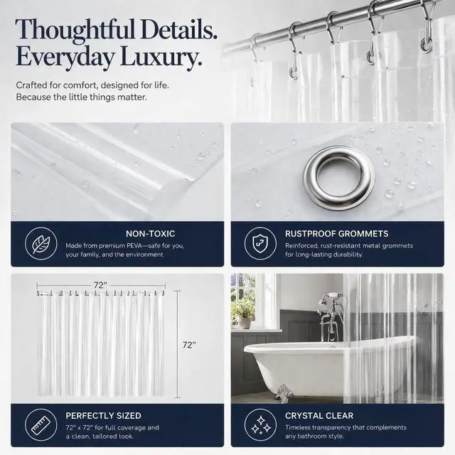 Alt view image 2 of 6 - EHZNZIE 72" x 72" PEVA Shower Curtain Liner, Clear SemiSheer PVCFree Waterproof Liner with Weighted Magnets & Rustproof Grommets