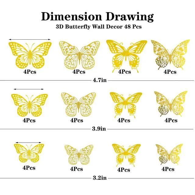 Alt view image 5 of 6 - Meikeer 3D Butterfly Wall Decor 48Pcs Gold Removable Stickers Party