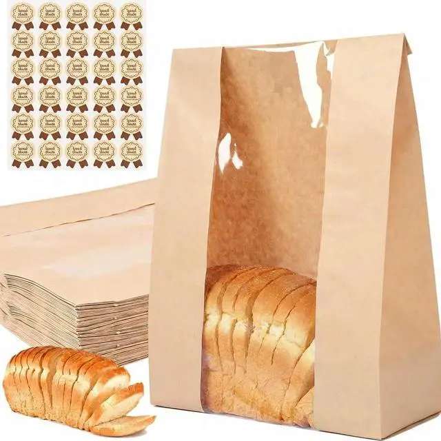 Main image of 30 pack bread paper bags with window, including 30 homemade bread storage label seal stickers (13.7x8.3x3.5 inches)