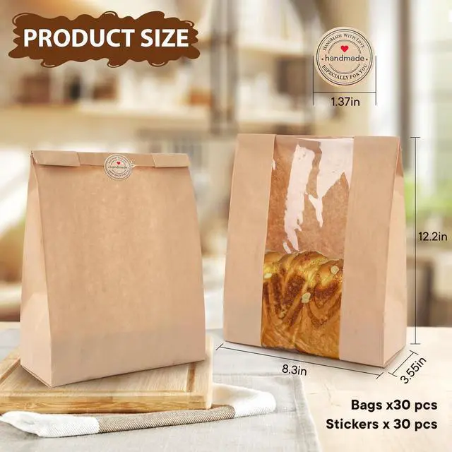 Alt view image 4 of 6 - 30 pack bread paper bags with window, including 30 homemade bread storage label seal stickers (13.7x8.3x3.5 inches)