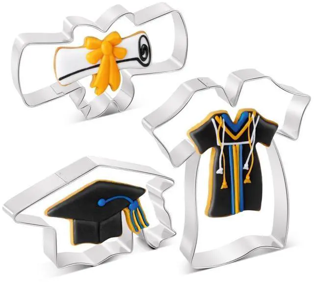 Main image of Graduation Cookie Cutters Set 3 Pieces, Stainless Steel Graducation Cap Cookie Cutter, Diploma, Graduation Gown Dress Cookie Cutter for Graduation Celebration Party