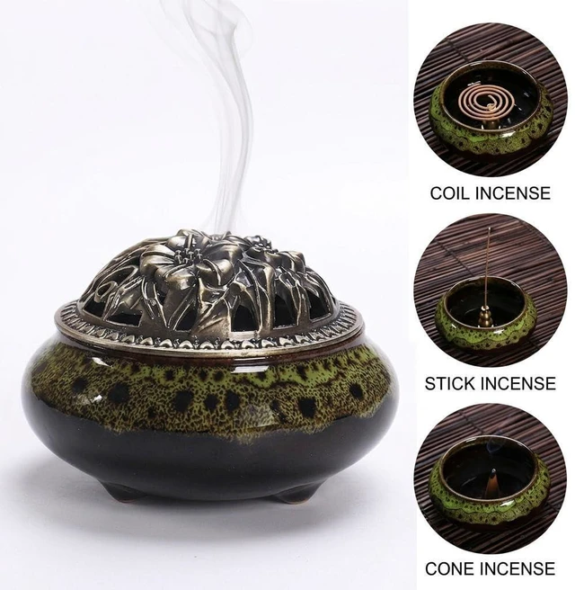 Alt view image 3 of 6 - Ceramic Incense Burner Set, Vintage Kiln-Changed Censer with Alloy Holder, Coil Cone Stick Incense Burner, Zen Decor for Home Meditation Yoga, with Holder, Clip & Fireproof Mat
