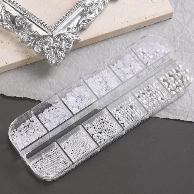 Alt view image 6 of 6 - SUTOKAKA White Round and Half Round Nail Pearls 3D Nail Charms