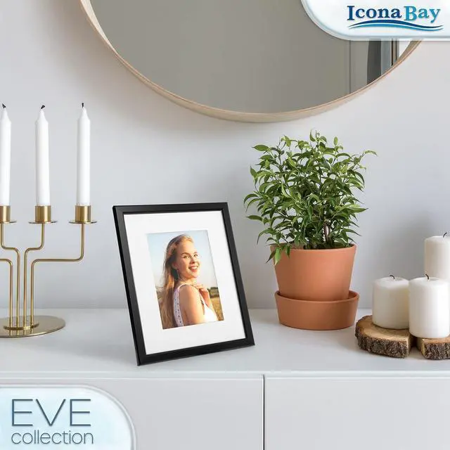 Alt view image 3 of 6 - Icona Bay 8x10 Black Picture Frame w/Removable Mat to 5x7, Modern Double-Beveled Frame, Tabletop or Wall Mount, Eve Collection