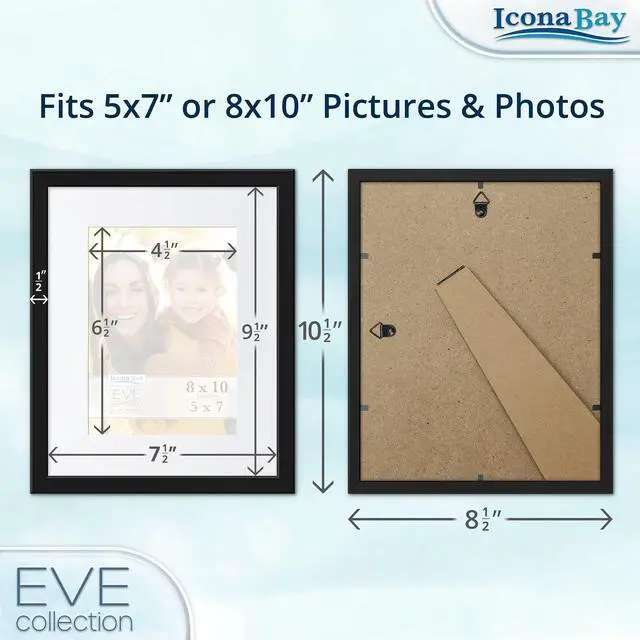 Alt view image 4 of 6 - Icona Bay 8x10 Black Picture Frame w/Removable Mat to 5x7, Modern Double-Beveled Frame, Tabletop or Wall Mount, Eve Collection