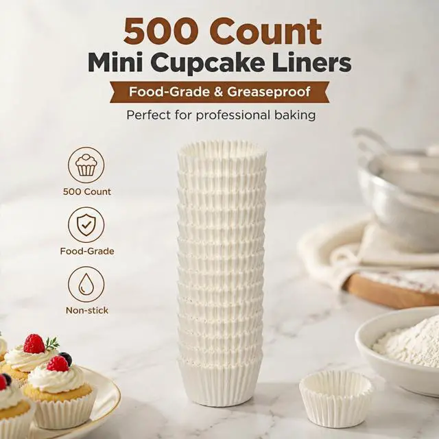 Alt view image 6 of 6 - Non-stick 500 Count White Mini Cupcake Liners for Baking, Food-grade Cupcake Wrapper, Greaseproof Parchment Muffin Liners,Baking Cups for Cupcakes, Muffins, Nuts