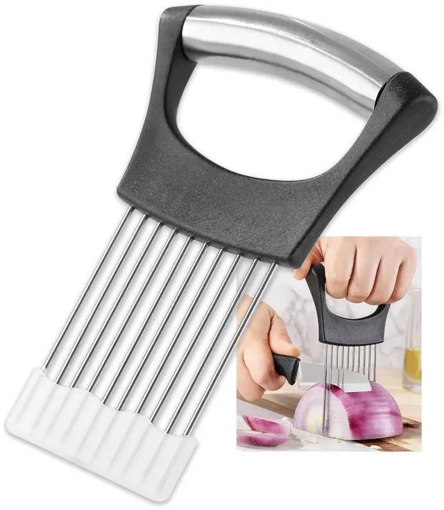 Main image of Onion Slicer, Mumulo Stainless Steel Onion Cutter for Slicing and Storage Onions, Tomato, Eggs and Vegetables, Protective Cover Included, Dishwasher Safe (Black)