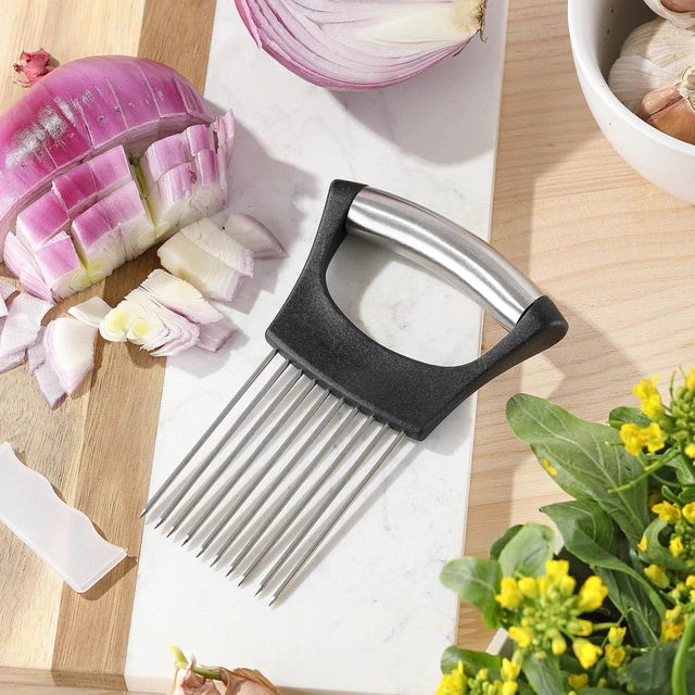 Alt view image 5 of 7 - Onion Slicer, Mumulo Stainless Steel Onion Cutter for Slicing and Storage Onions, Tomato, Eggs and Vegetables, Protective Cover Included, Dishwasher Safe (Black)